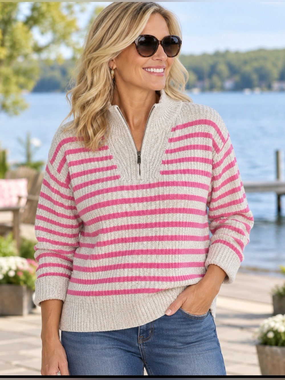 Lands’ End Drifter Women’s Cotton Striped Quarter Zip Sweater Pink Cream - Picture 3 of 6